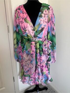 Alex Marie Floral Faux Wrap Dress NWT Size 14 Pink Blue Tropical Print Cocktail